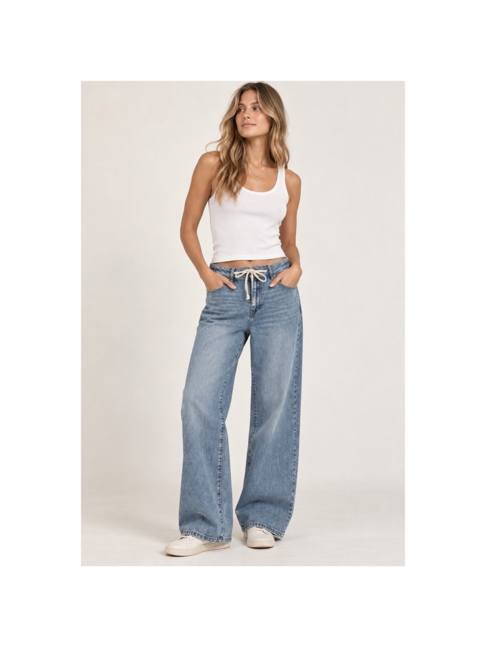 OAT New York Cloud Luxe Denim Wide Leg Drawstring Jeans Light Wash Blue Size 27
